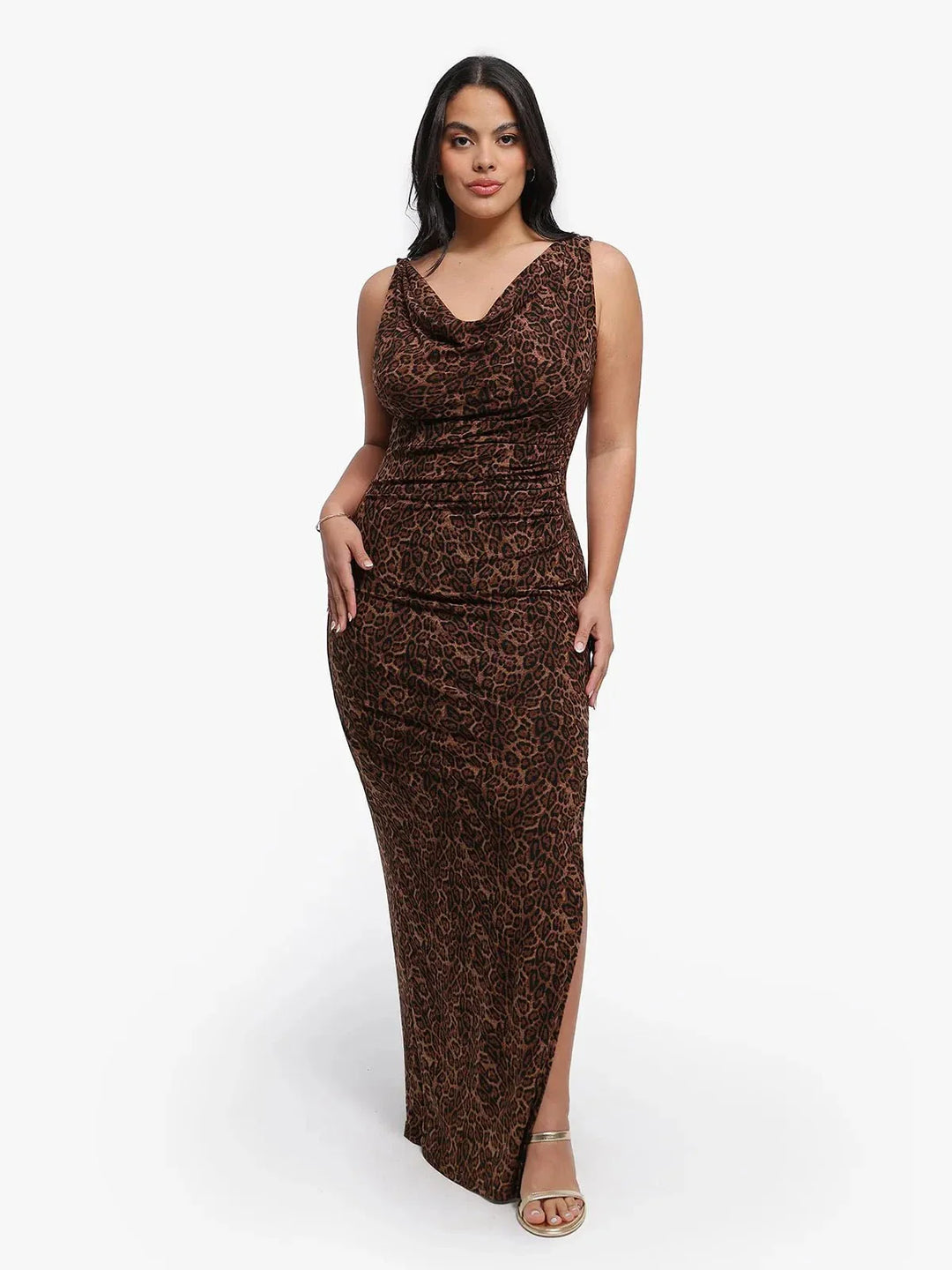 Shapewear Leopard Cowl Neck Ruched Sculpting Maxi Dress - Modefluss