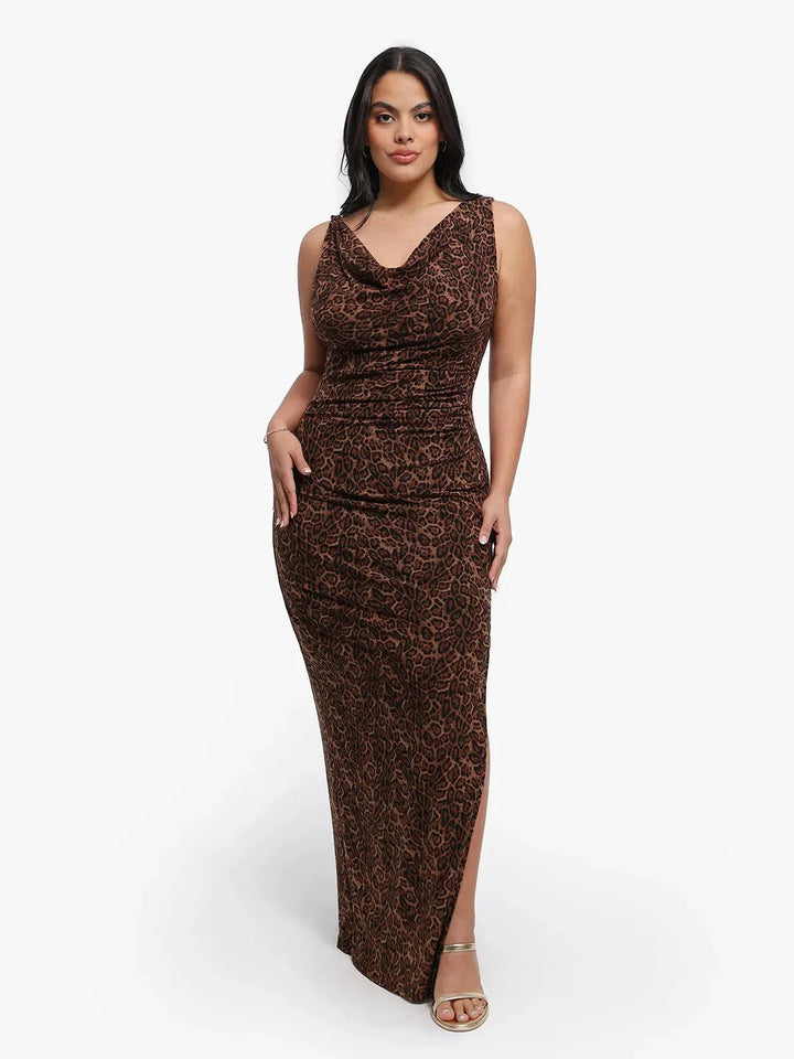 Shapewear Leopard Cowl Neck Ruched Sculpting Maxi Dress - Modefluss