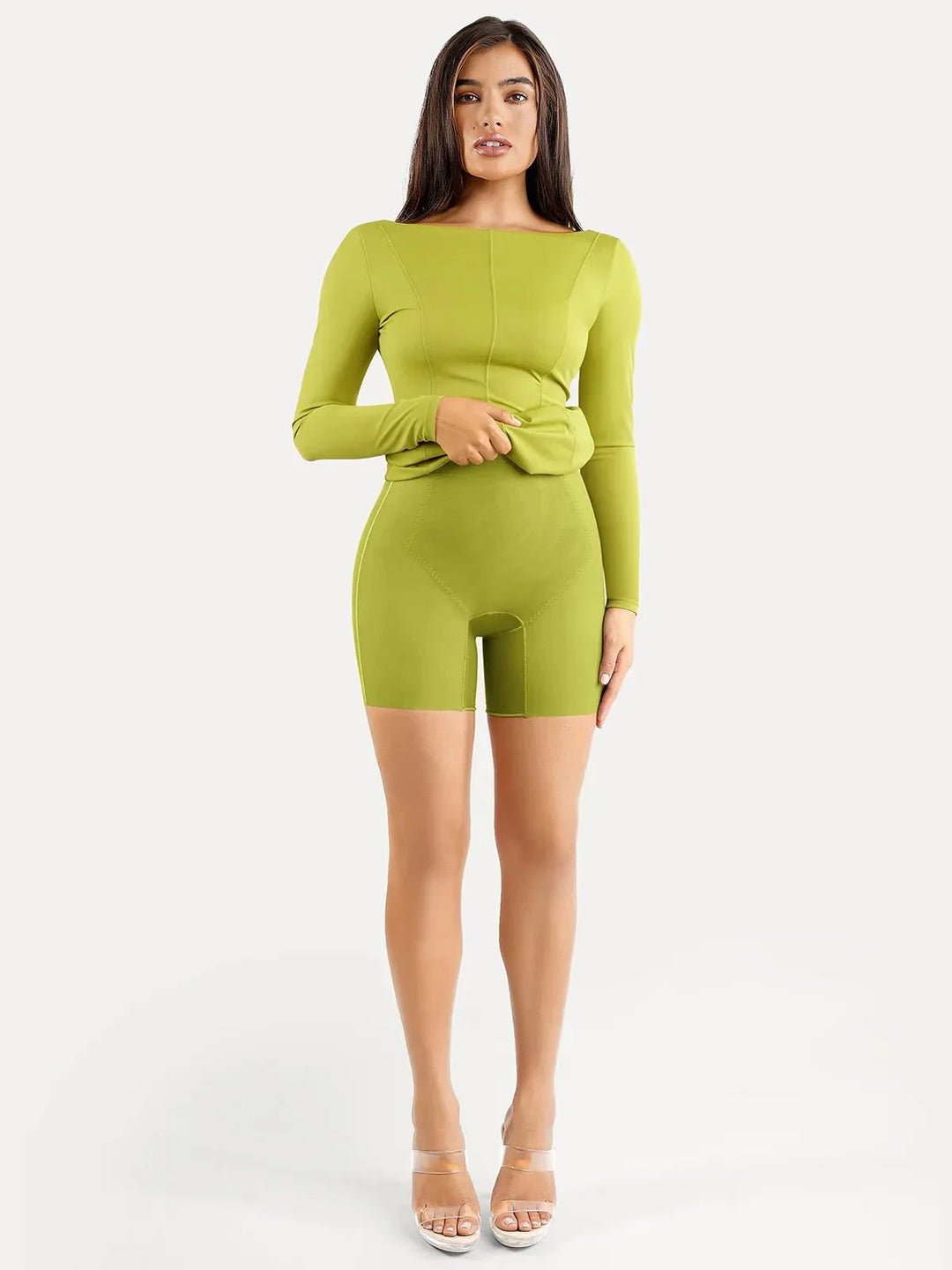 Shapewear Long Sleeve Boat Neck Sculpting Midi Dress - Modefluss