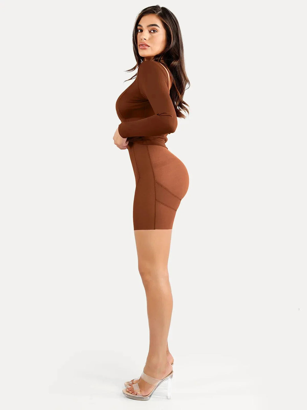Shapewear Long Sleeve Boat Neck Sculpting Midi Dress - Modefluss