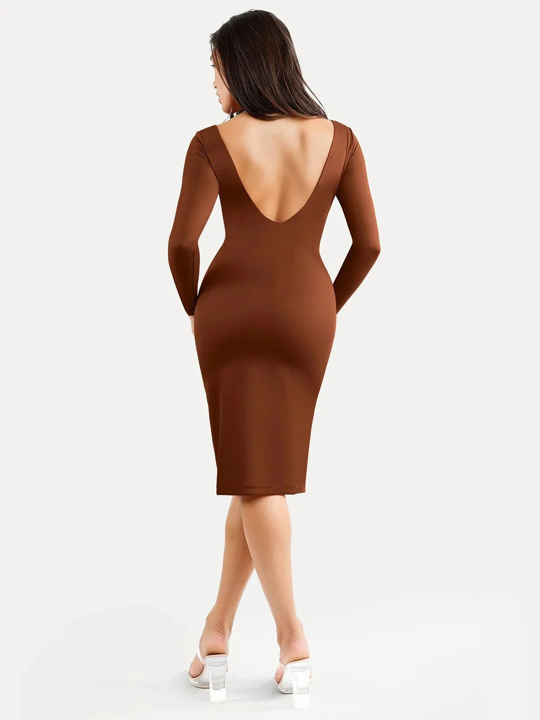 Shapewear Long Sleeve Boat Neck Sculpting Midi Dress - Modefluss