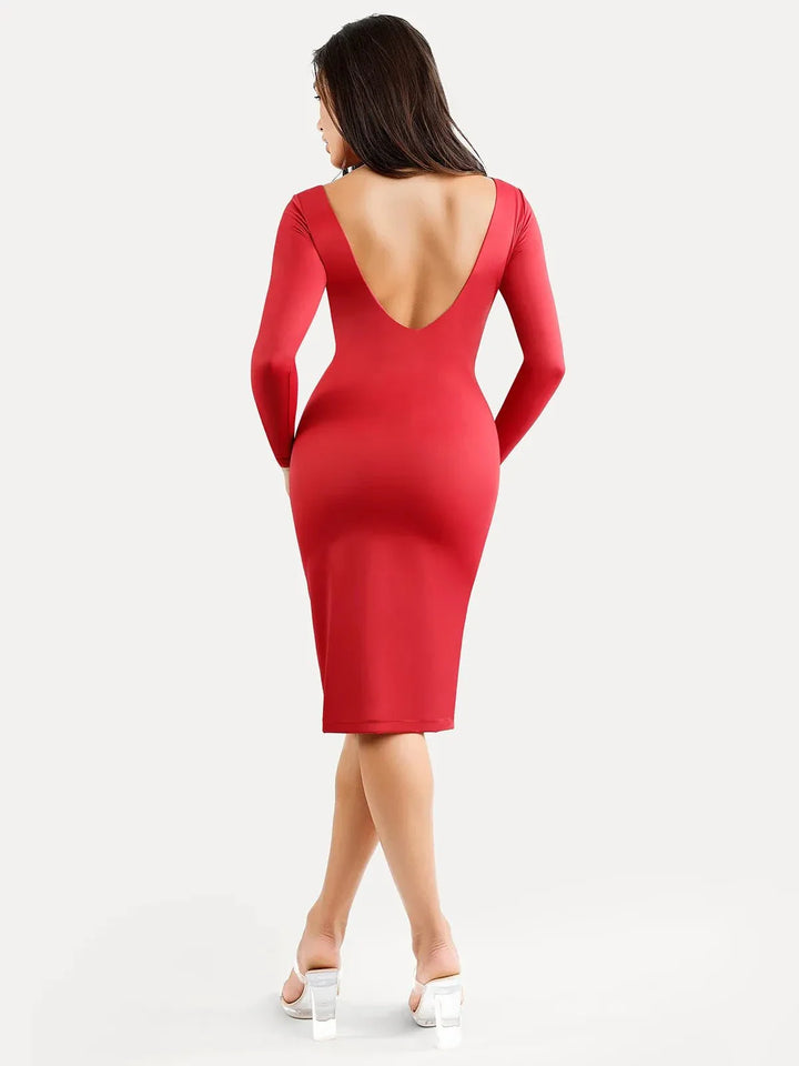 Shapewear Long Sleeve Boat Neck Sculpting Midi Dress - Modefluss