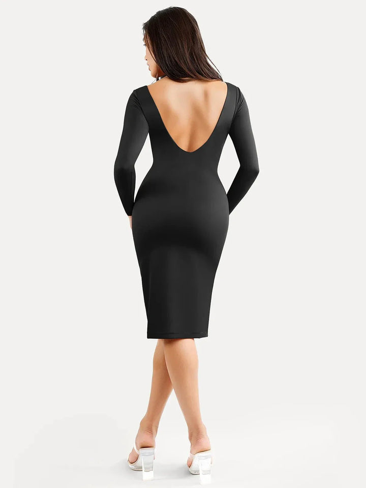 Shapewear Long Sleeve Boat Neck Sculpting Midi Dress - Modefluss