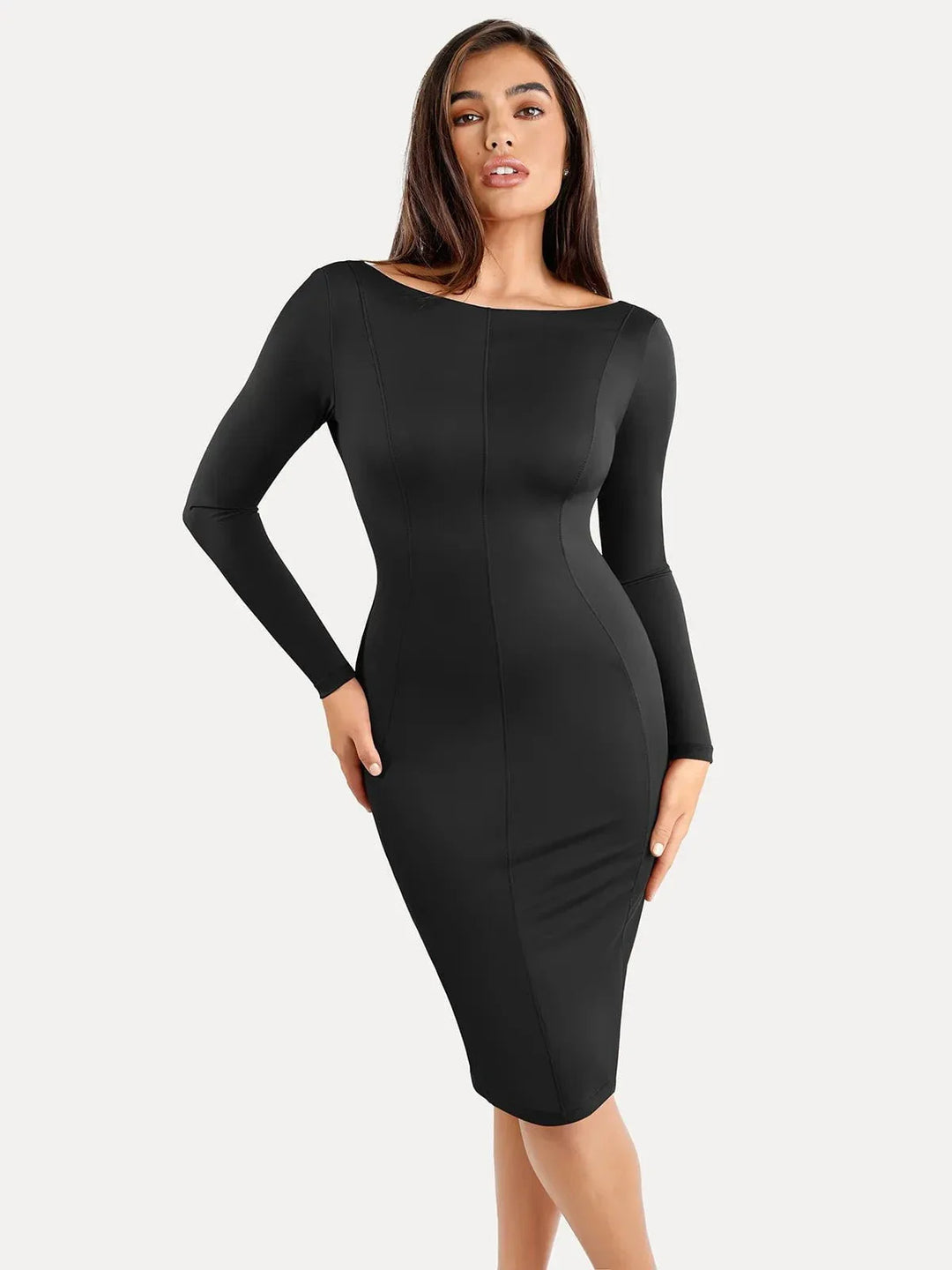 Shapewear Long Sleeve Boat Neck Sculpting Midi Dress - Modefluss