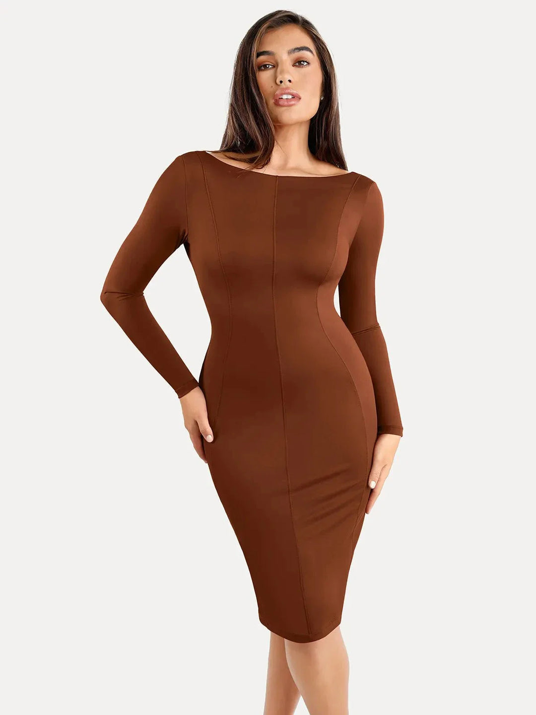Shapewear Long Sleeve Boat Neck Sculpting Midi Dress - Modefluss