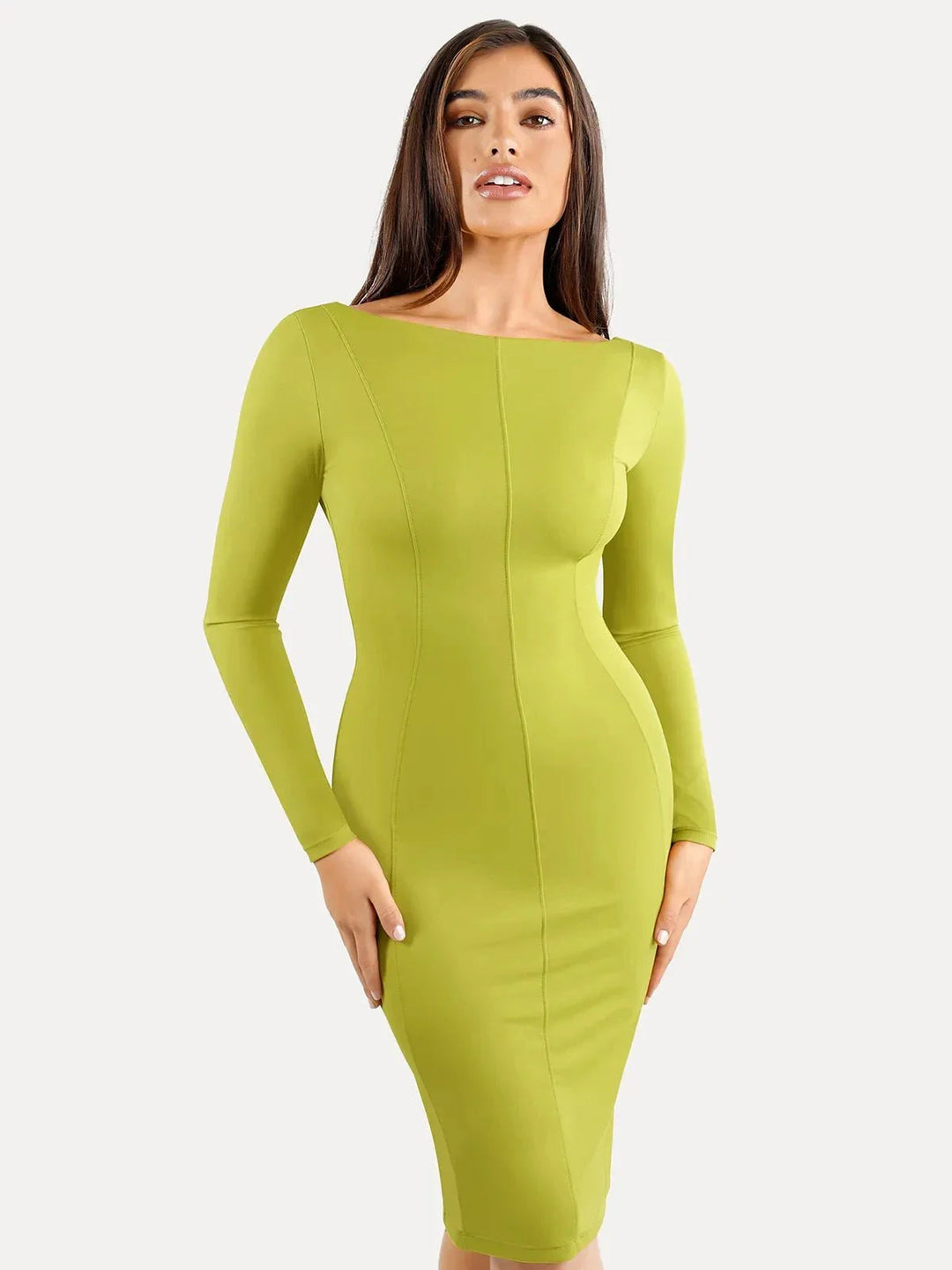 Shapewear Long Sleeve Boat Neck Sculpting Midi Dress - Modefluss