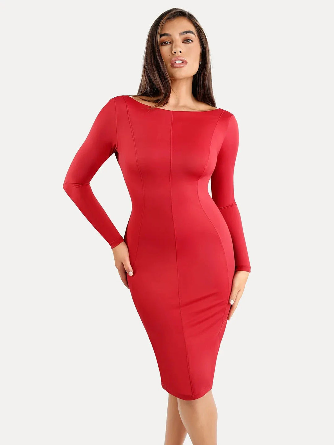 Shapewear Long Sleeve Boat Neck Sculpting Midi Dress - Modefluss