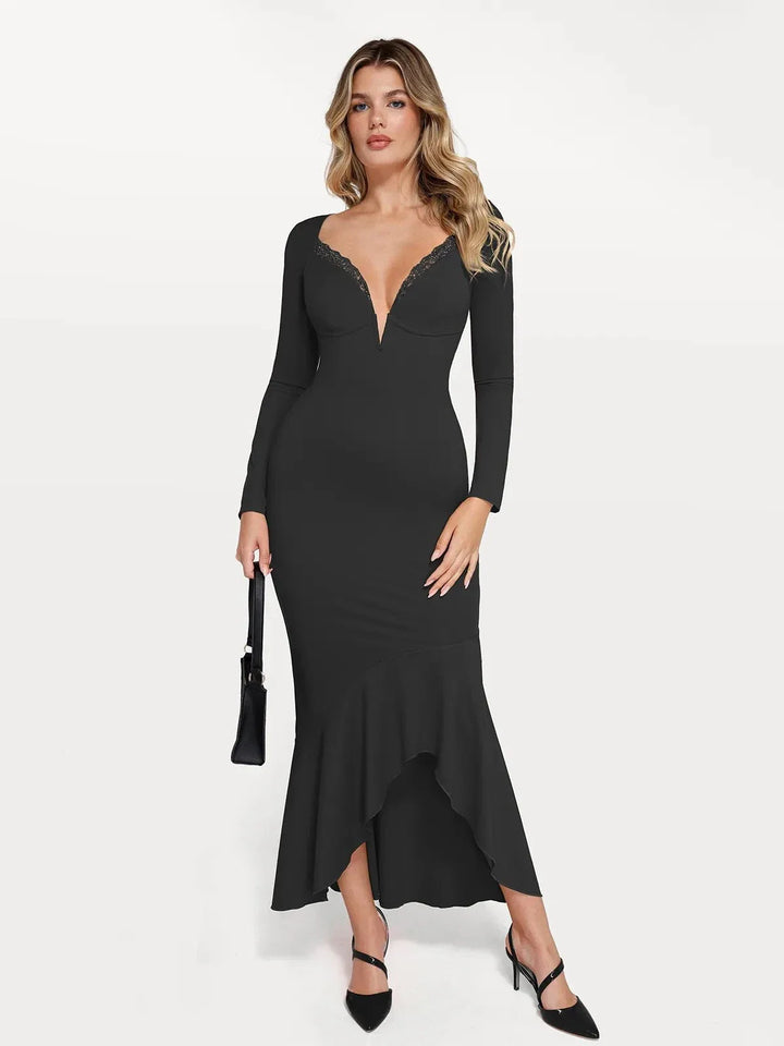 Shapewear Long Sleeve Lace Trim Sculpting Mermaid Maxi Dress - Modefluss
