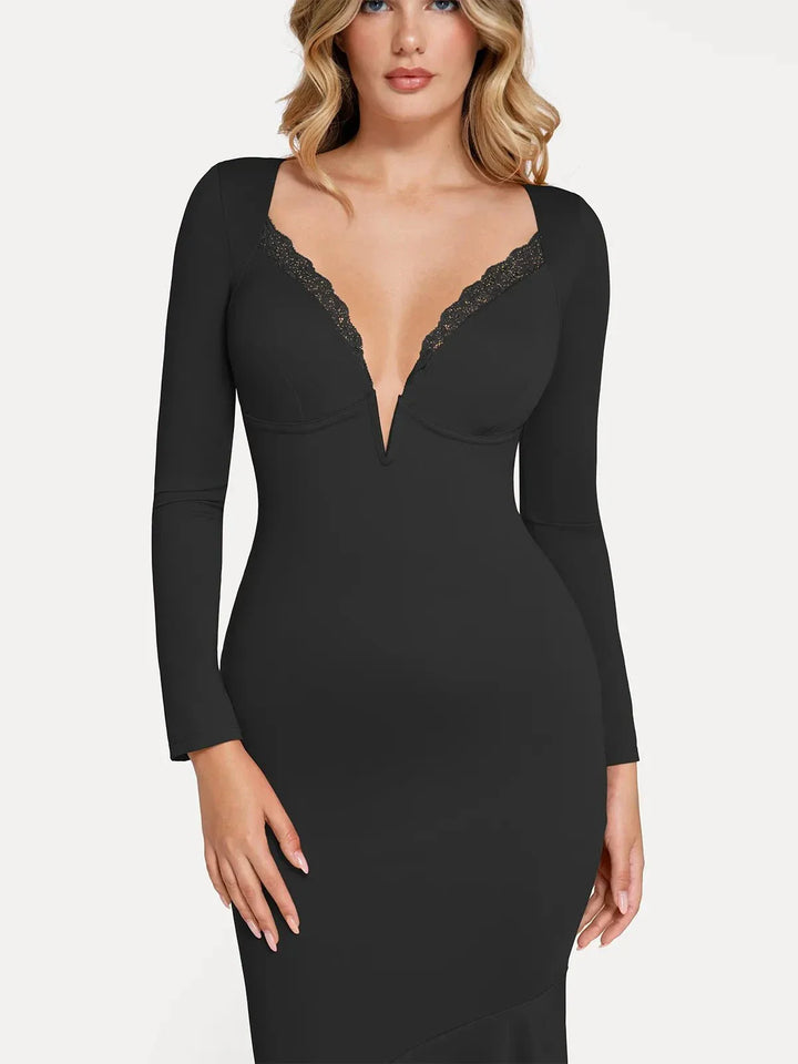 Shapewear Long Sleeve Lace Trim Sculpting Mermaid Maxi Dress - Modefluss
