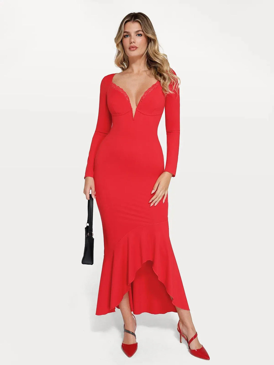 Shapewear Long Sleeve Lace Trim Sculpting Mermaid Maxi Dress - Modefluss