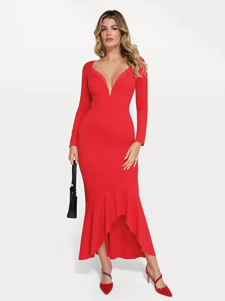 Shapewear Long Sleeve Lace Trim Sculpting Mermaid Maxi Dress - Modefluss