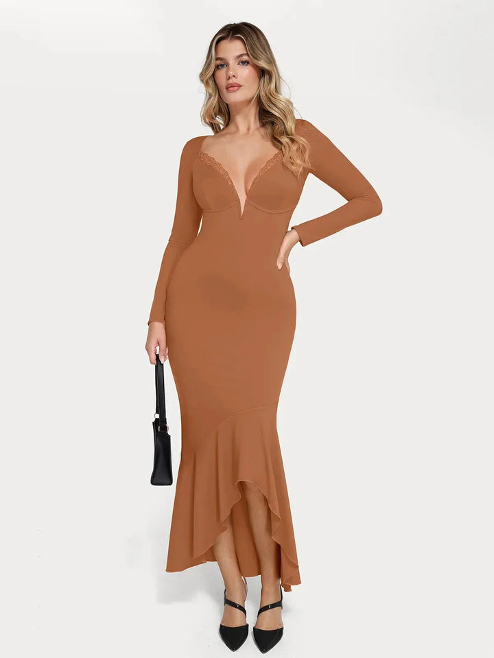 Shapewear Long Sleeve Lace Trim Sculpting Mermaid Maxi Dress - Modefluss