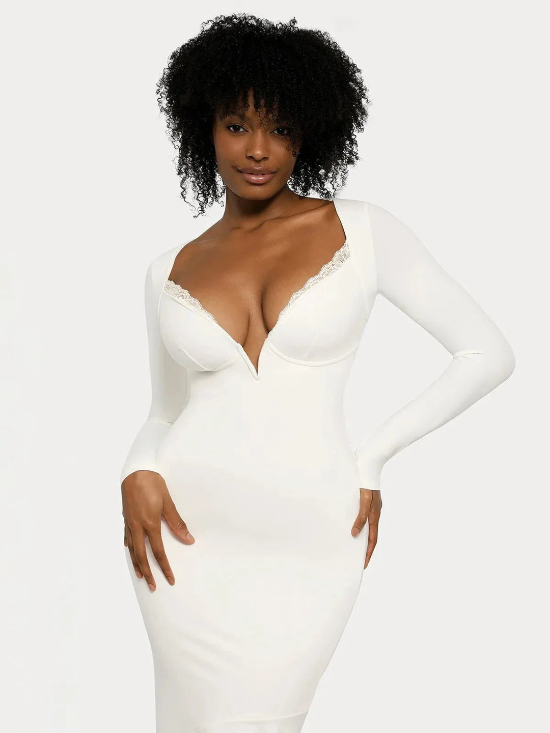 Shapewear Long Sleeve Lace Trim Sculpting Mermaid Maxi Dress - Modefluss