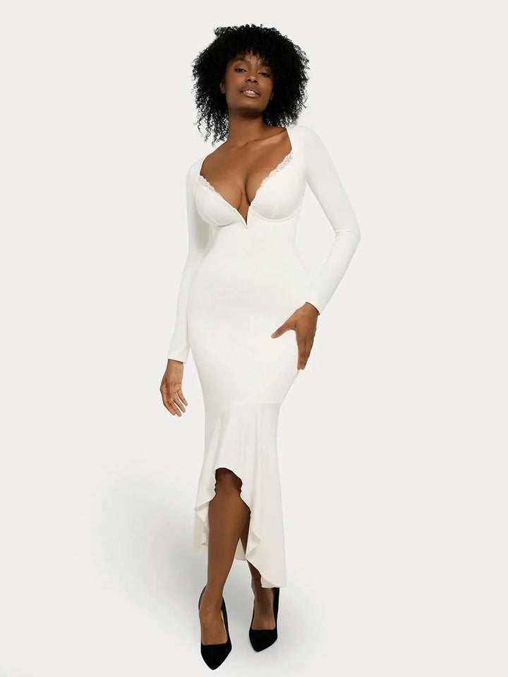 Shapewear Long Sleeve Lace Trim Sculpting Mermaid Maxi Dress - Modefluss