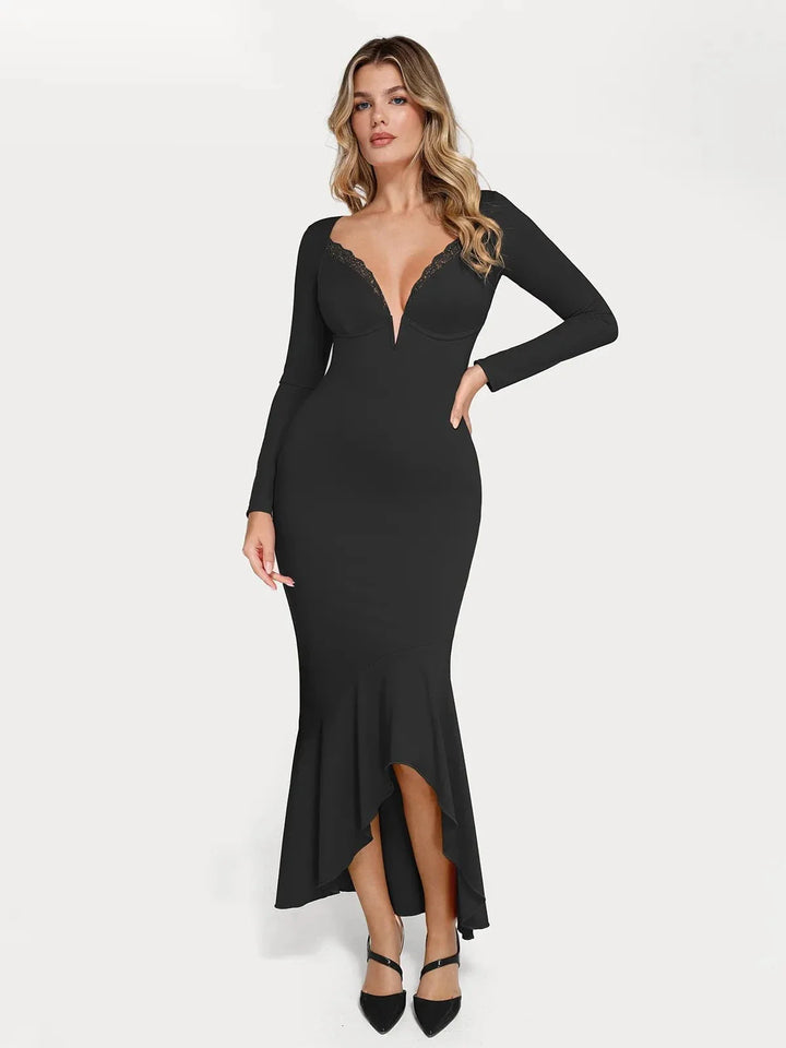 Shapewear Long Sleeve Lace Trim Sculpting Mermaid Maxi Dress - Modefluss