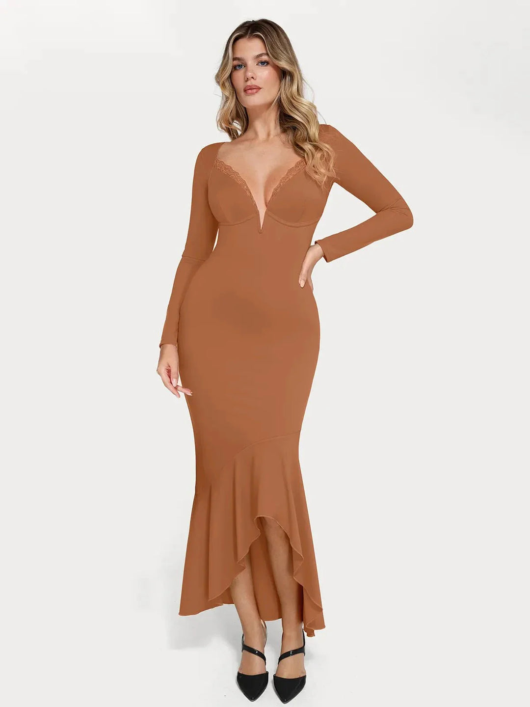 Shapewear Long Sleeve Lace Trim Sculpting Mermaid Maxi Dress - Modefluss