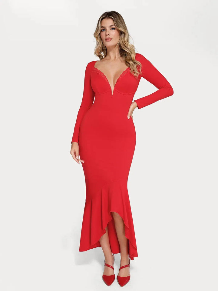 Shapewear Long Sleeve Lace Trim Sculpting Mermaid Maxi Dress - Modefluss