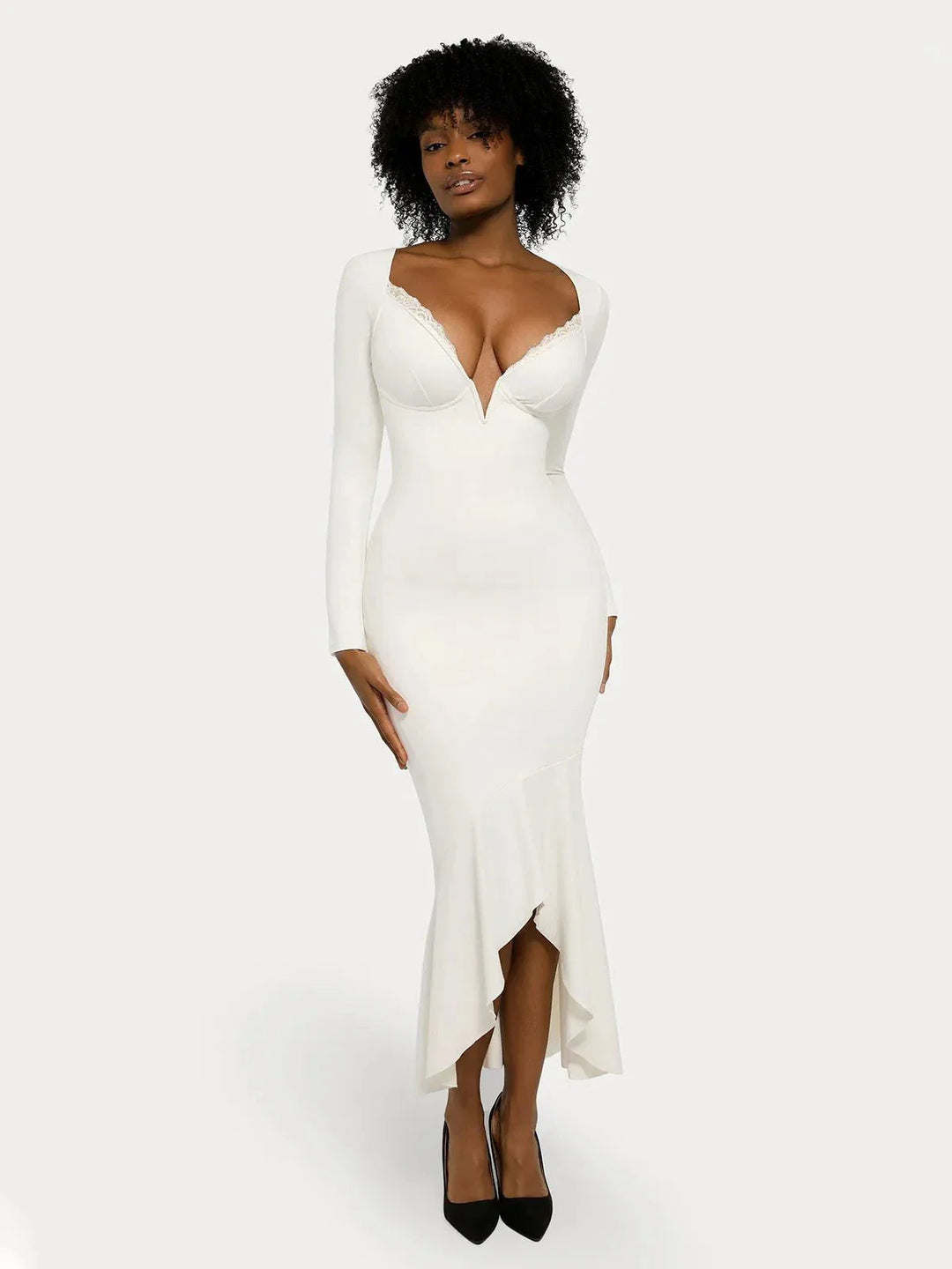 Shapewear Long Sleeve Lace Trim Sculpting Mermaid Maxi Dress - Modefluss