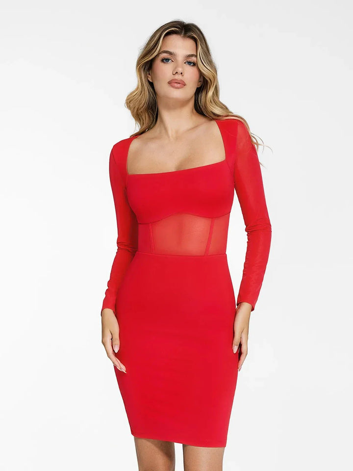 Shapewear Long Sleeve Mesh Inset Bodycon Midi Dress - Modefluss