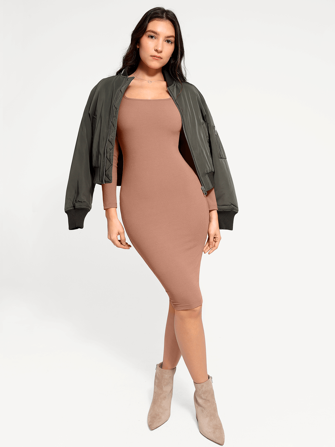 Shapewear Long Sleeve Square Neck Modal Slimming Midi Dress - Modefluss