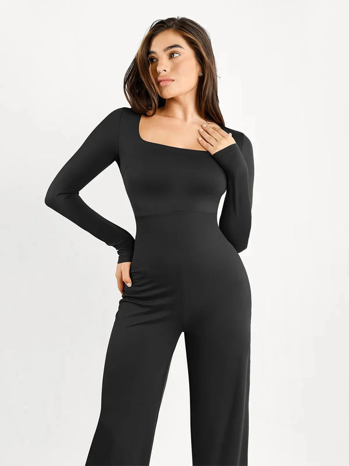 Shapewear Long Sleeve Square Neck Slimming Wide Leg Jumpsuit - Modefluss