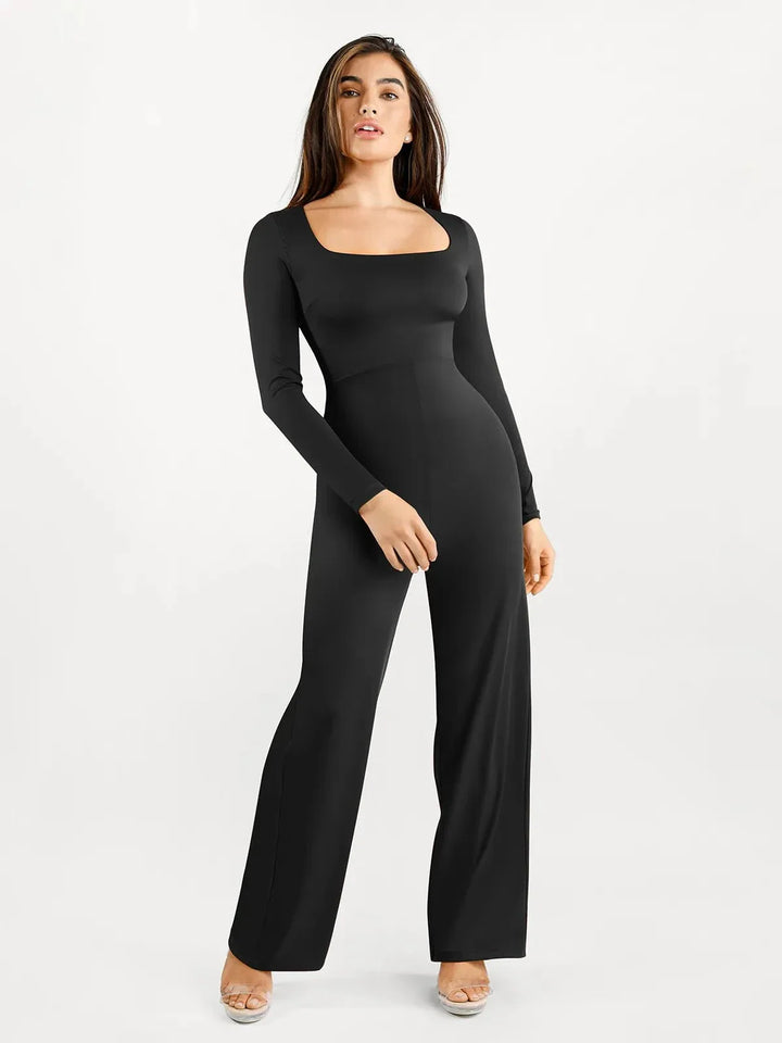 Shapewear Long Sleeve Square Neck Slimming Wide Leg Jumpsuit - Modefluss