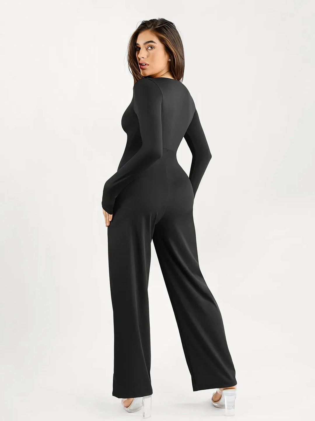 Shapewear Long Sleeve Square Neck Slimming Wide Leg Jumpsuit - Modefluss