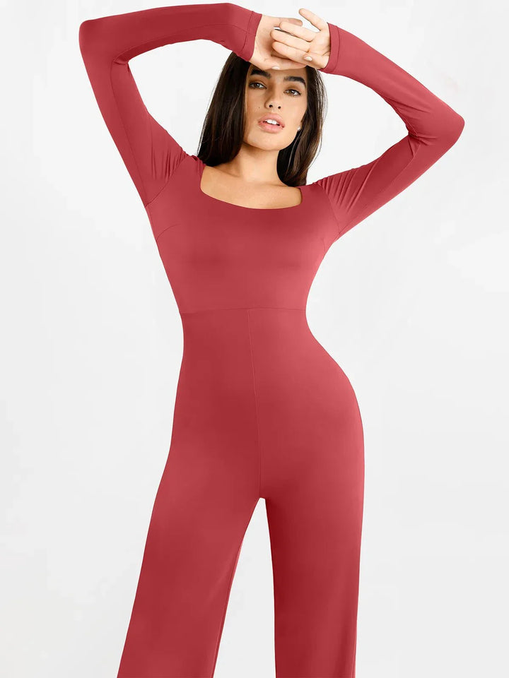 Shapewear Long Sleeve Square Neck Slimming Wide Leg Jumpsuit - Modefluss