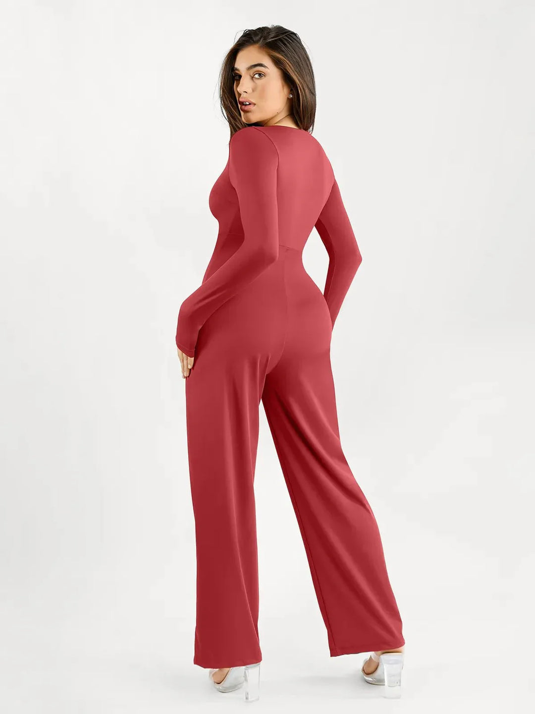 Shapewear Long Sleeve Square Neck Slimming Wide Leg Jumpsuit - Modefluss
