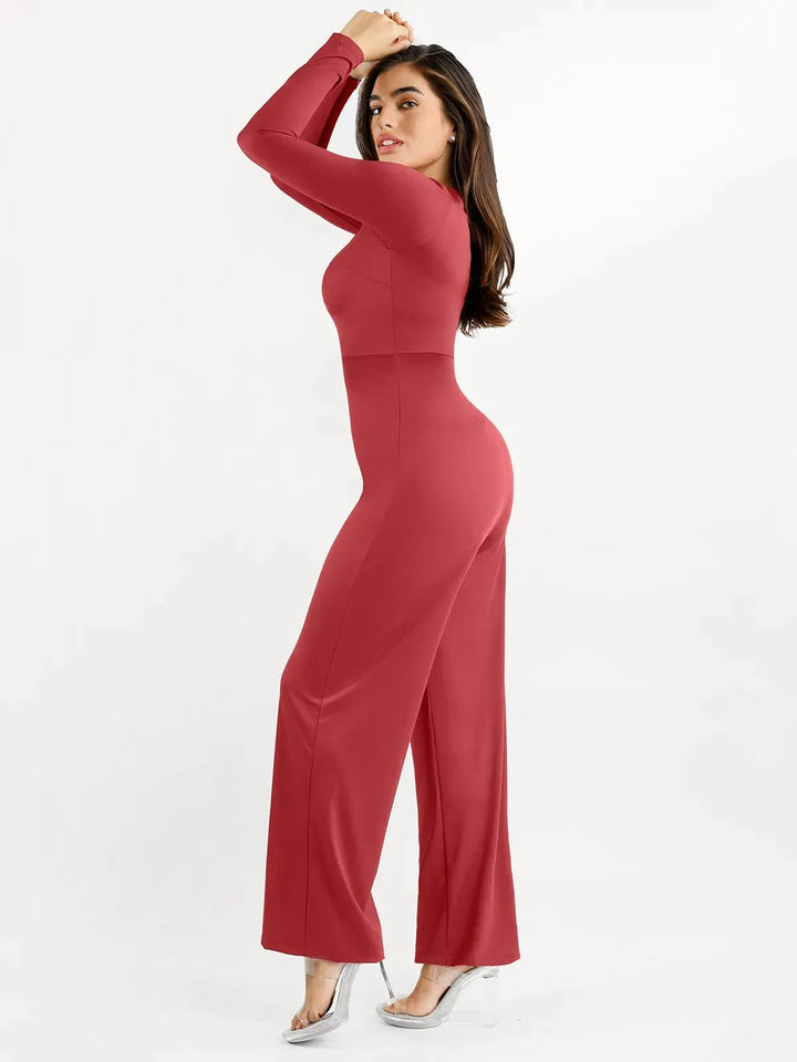 Shapewear Long Sleeve Square Neck Slimming Wide Leg Jumpsuit - Modefluss