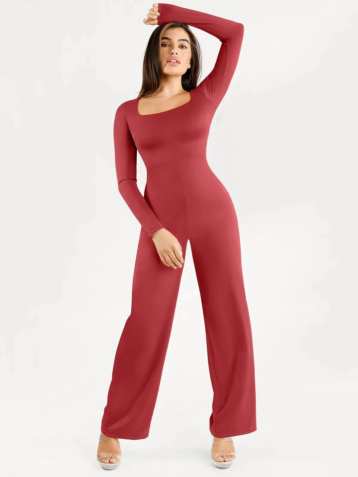 Shapewear Long Sleeve Square Neck Slimming Wide Leg Jumpsuit - Modefluss