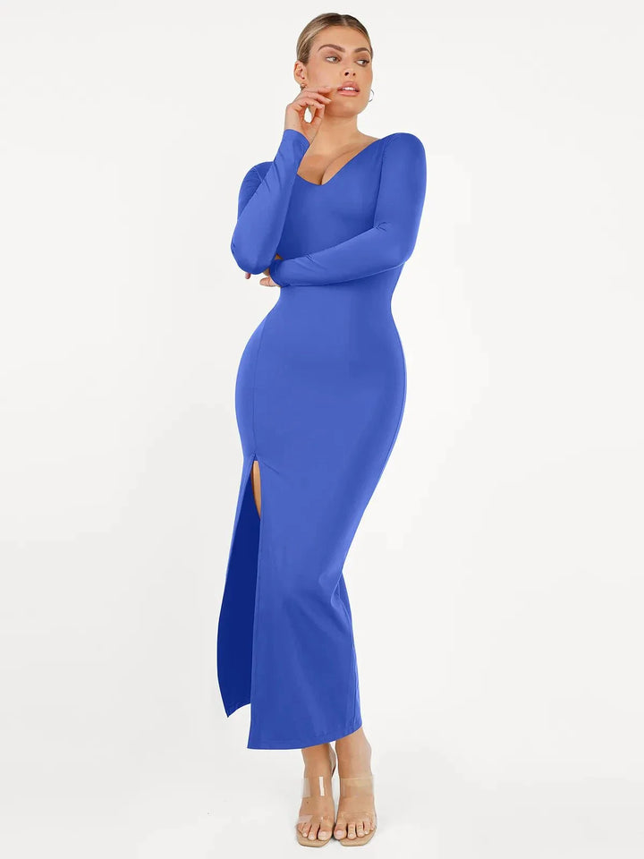 Shapewear Long Sleeve V-Neck Low Back Slimming Maxi Dress - Modefluss
