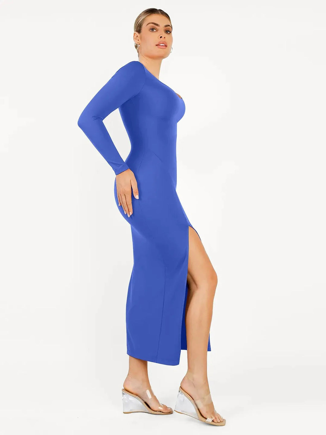 Shapewear Long Sleeve V-Neck Low Back Slimming Maxi Dress - Modefluss