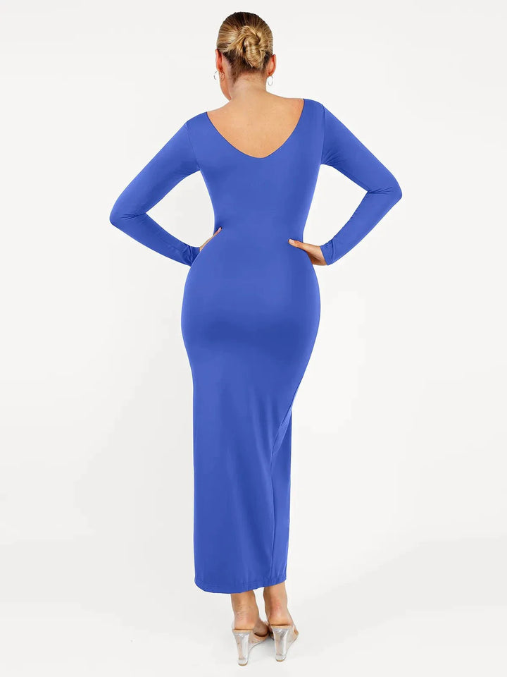 Shapewear Long Sleeve V-Neck Low Back Slimming Maxi Dress - Modefluss
