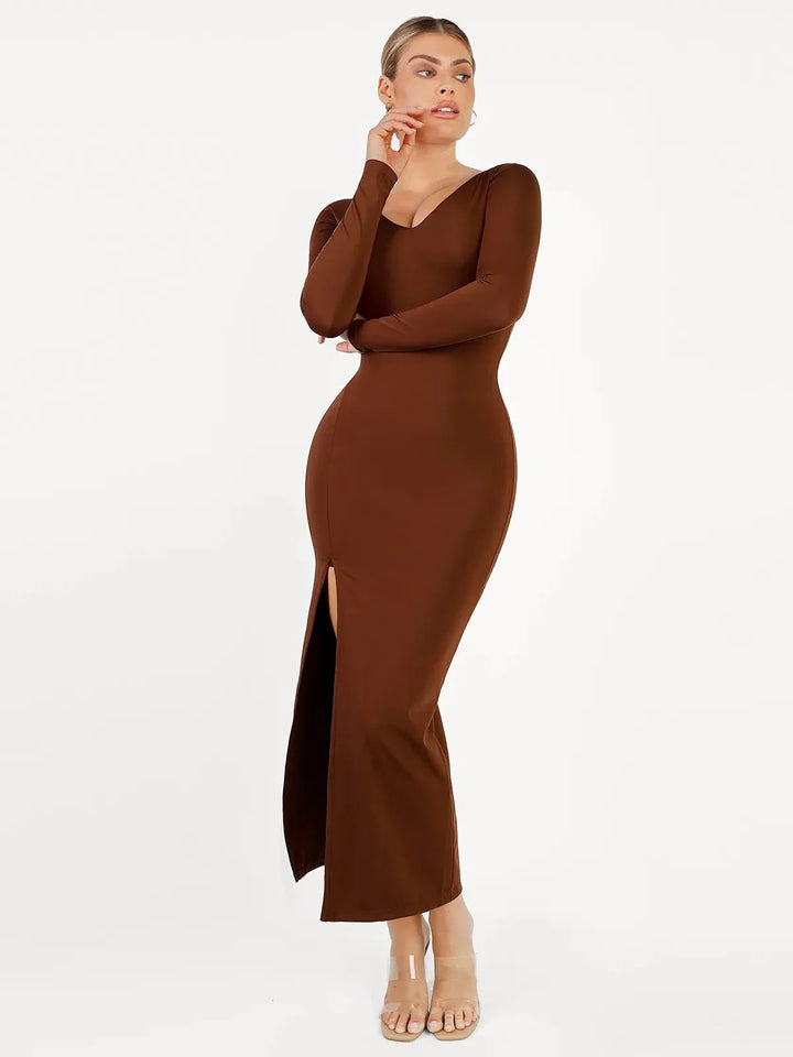 Shapewear Long Sleeve V-Neck Low Back Slimming Maxi Dress - Modefluss