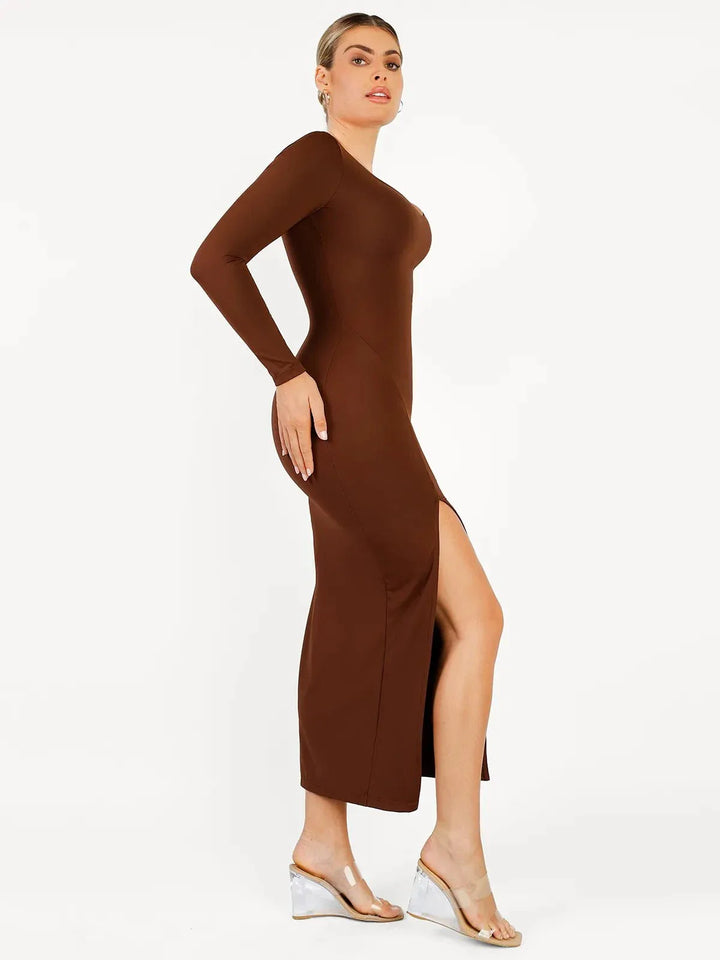 Shapewear Long Sleeve V-Neck Low Back Slimming Maxi Dress - Modefluss