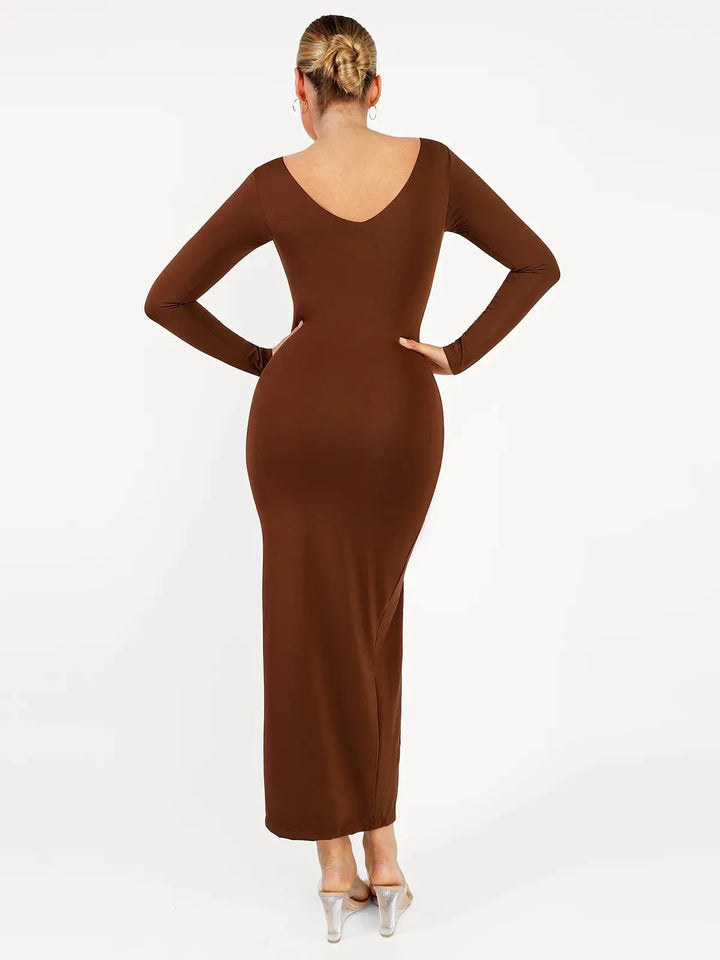 Shapewear Long Sleeve V-Neck Low Back Slimming Maxi Dress - Modefluss