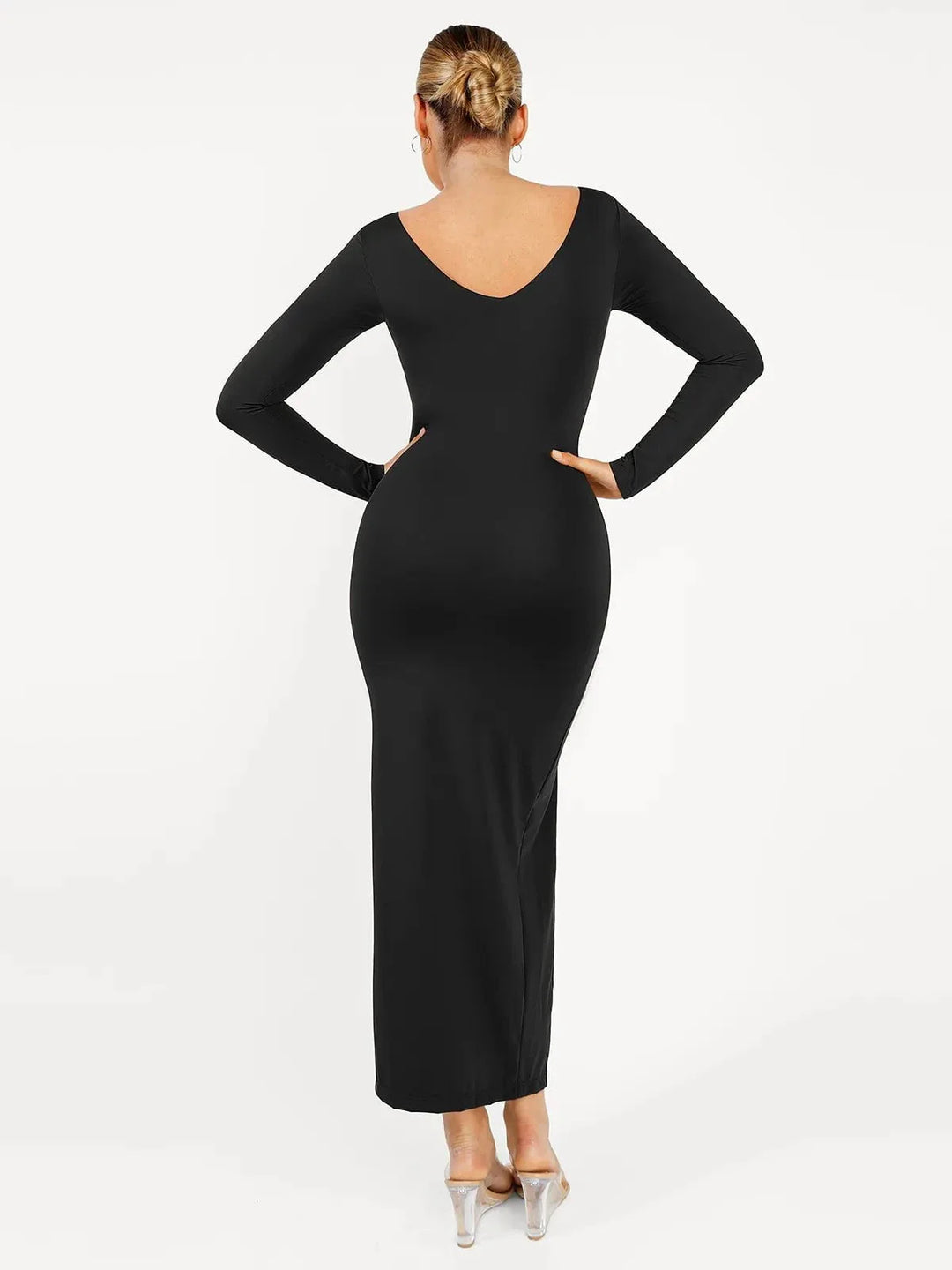 Shapewear Long Sleeve V-Neck Low Back Slimming Maxi Dress - Modefluss
