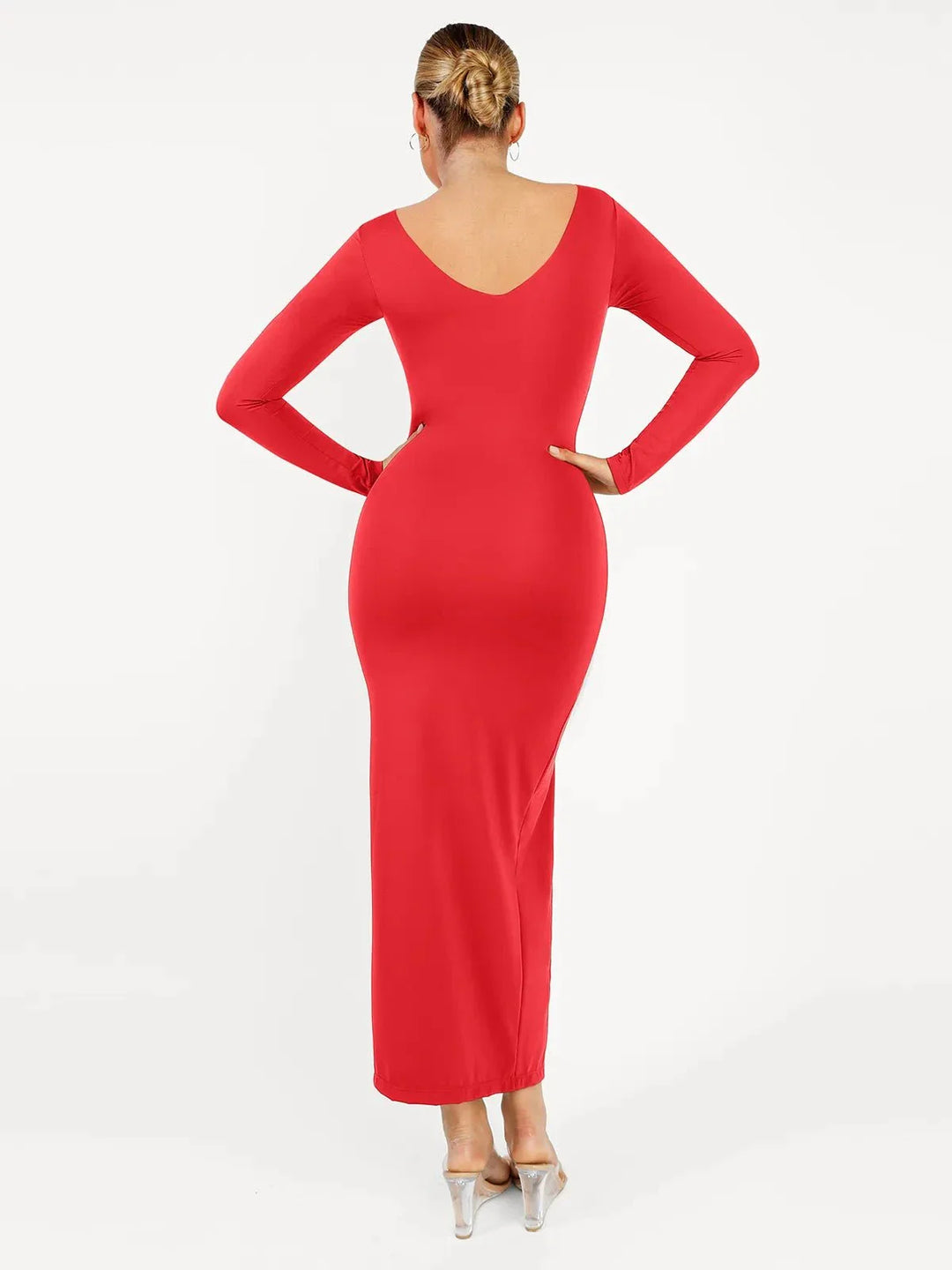 Shapewear Long Sleeve V-Neck Low Back Slimming Maxi Dress - Modefluss