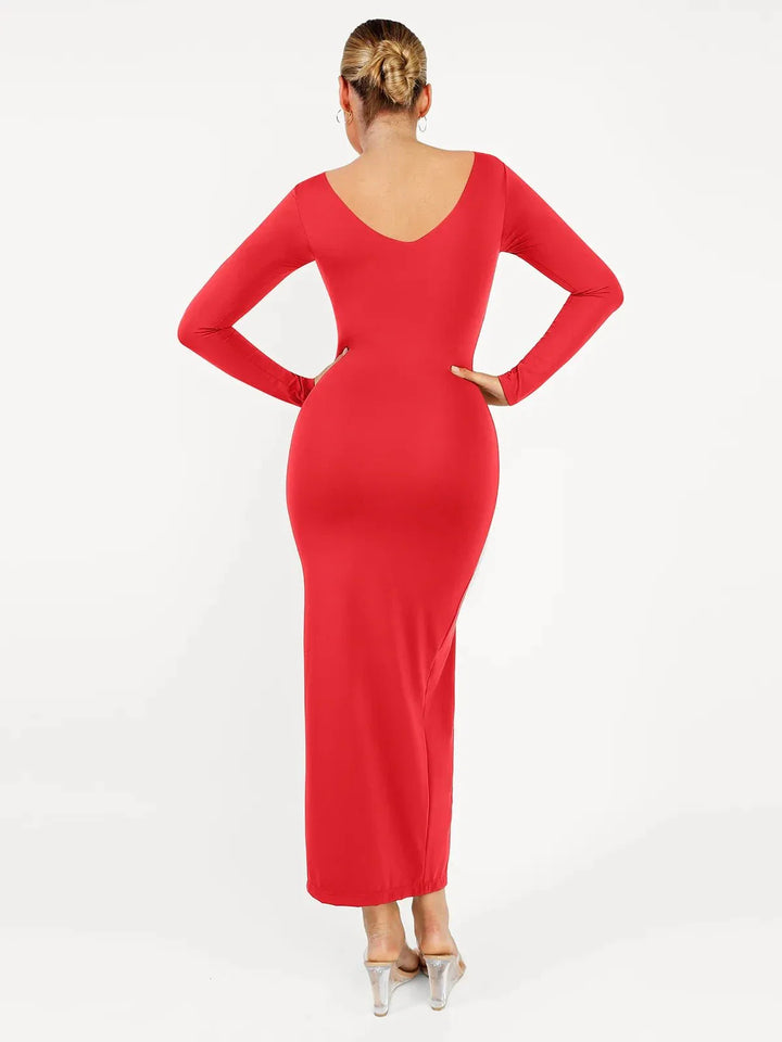Shapewear Long Sleeve V-Neck Low Back Slimming Maxi Dress - Modefluss