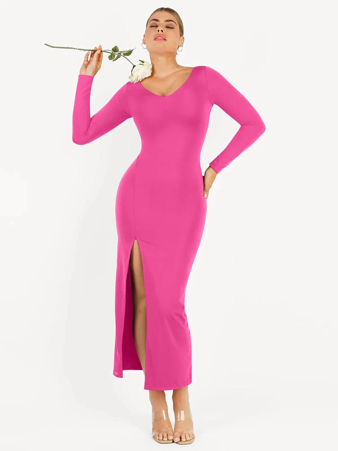 Shapewear Long Sleeve V-Neck Low Back Slimming Maxi Dress - Modefluss