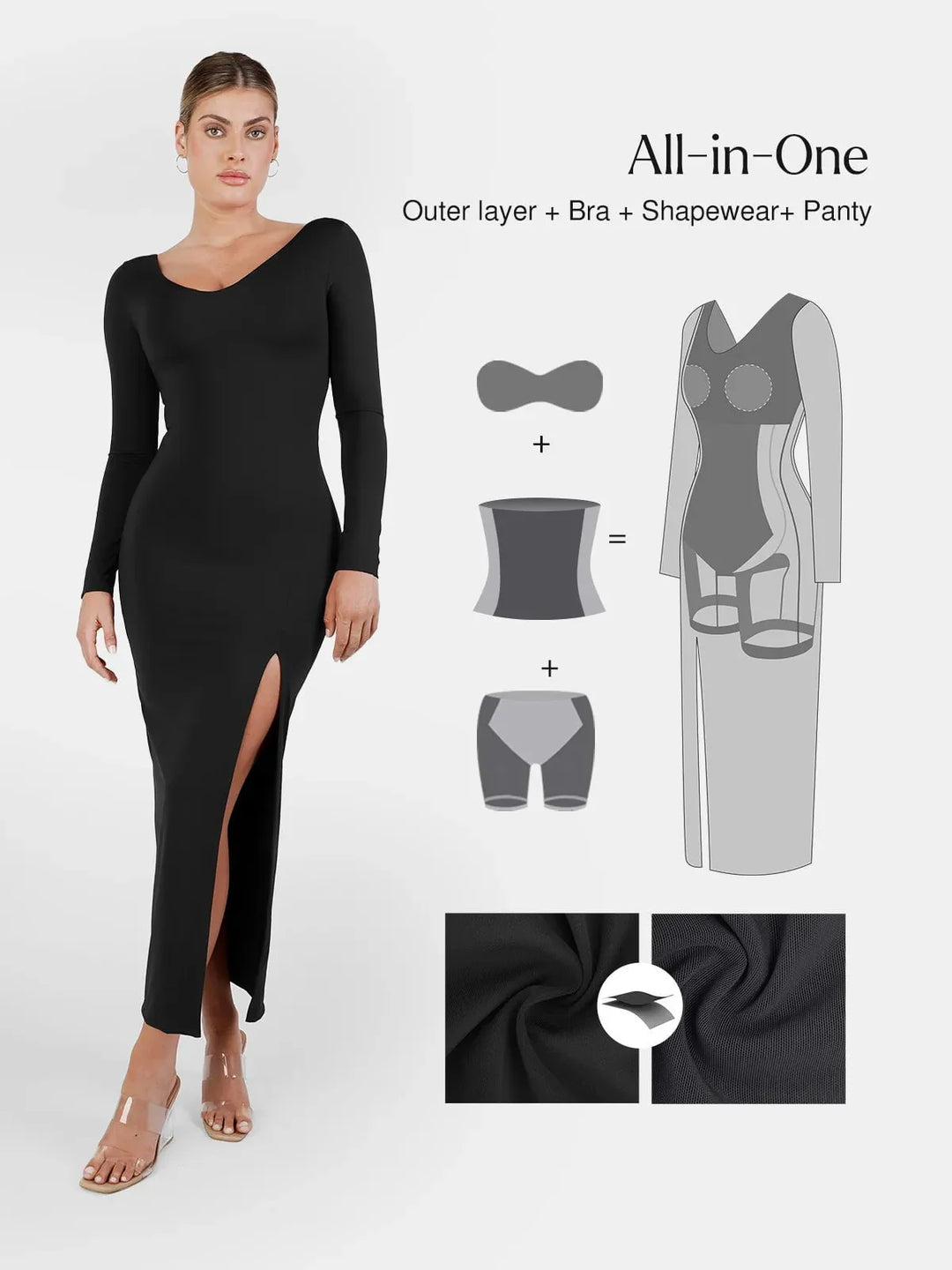 Shapewear Long Sleeve V-Neck Low Back Slimming Maxi Dress - Modefluss