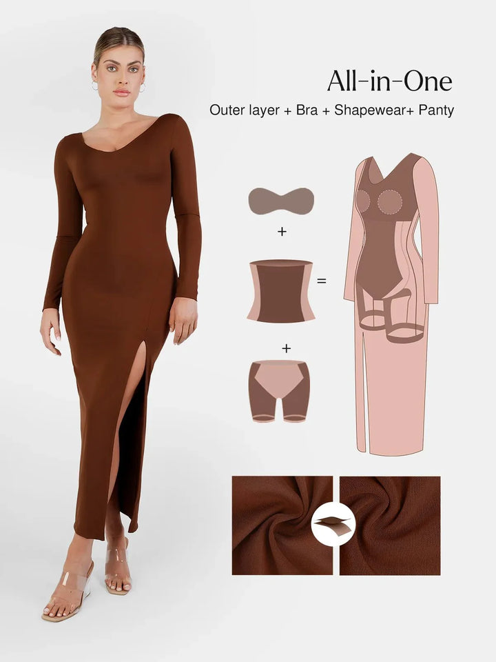 Shapewear Long Sleeve V-Neck Low Back Slimming Maxi Dress - Modefluss