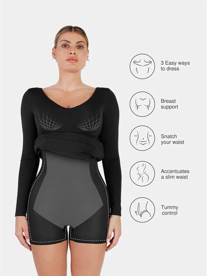 Shapewear Long Sleeve V-Neck Low Back Slimming Maxi Dress - Modefluss