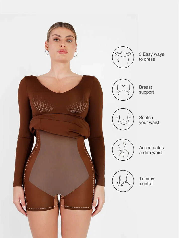 Shapewear Long Sleeve V-Neck Low Back Slimming Maxi Dress - Modefluss