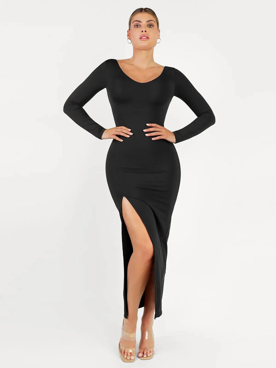 Shapewear Long Sleeve V-Neck Low Back Slimming Maxi Dress - Modefluss