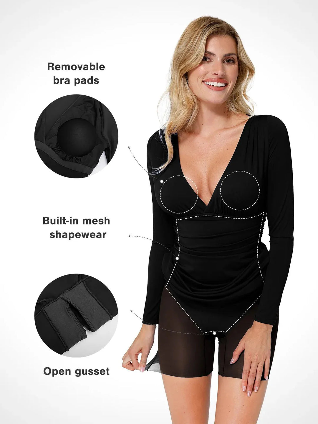 Shapewear Long Sleeve V-Neck Ruched Bodycon Midi Dress - Modefluss