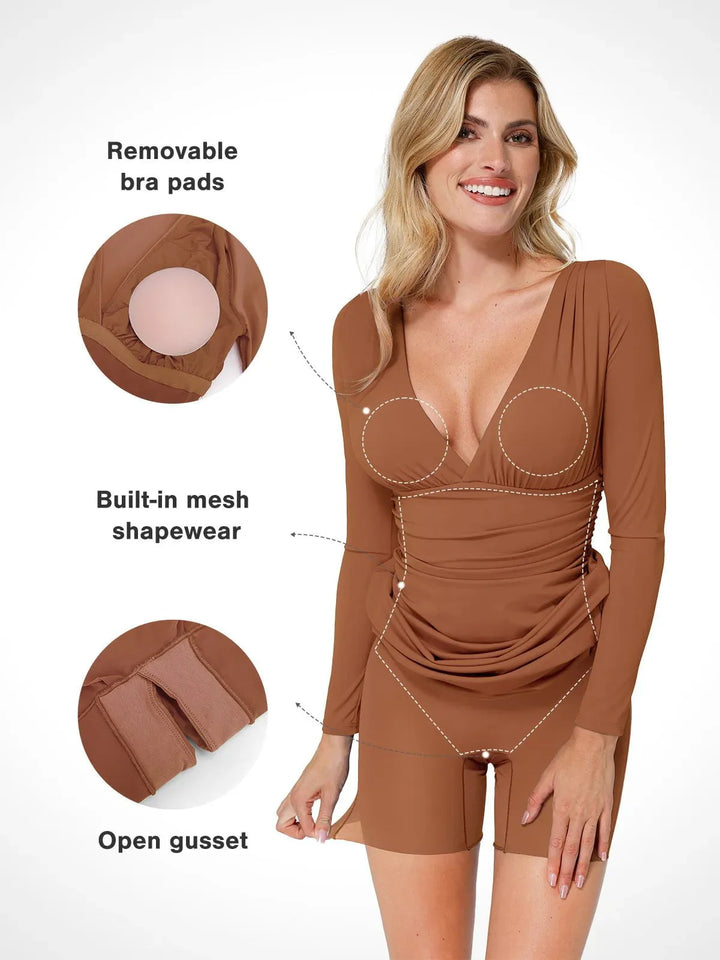 Shapewear Long Sleeve V-Neck Ruched Bodycon Midi Dress - Modefluss