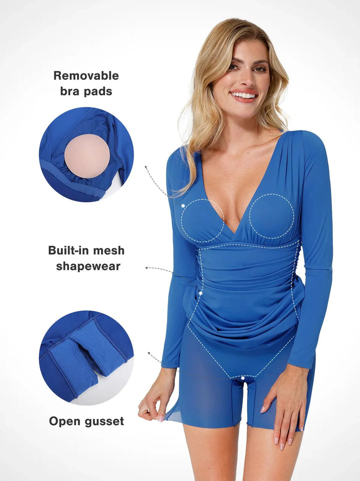 Shapewear Long Sleeve V-Neck Ruched Bodycon Midi Dress - Modefluss