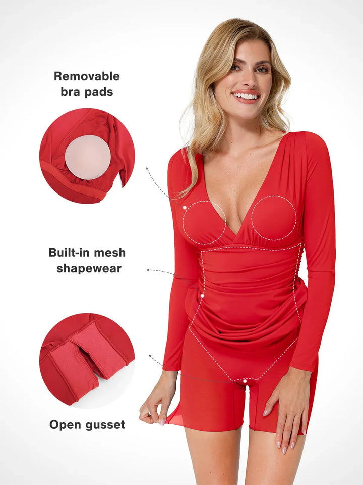 Shapewear Long Sleeve V-Neck Ruched Bodycon Midi Dress - Modefluss